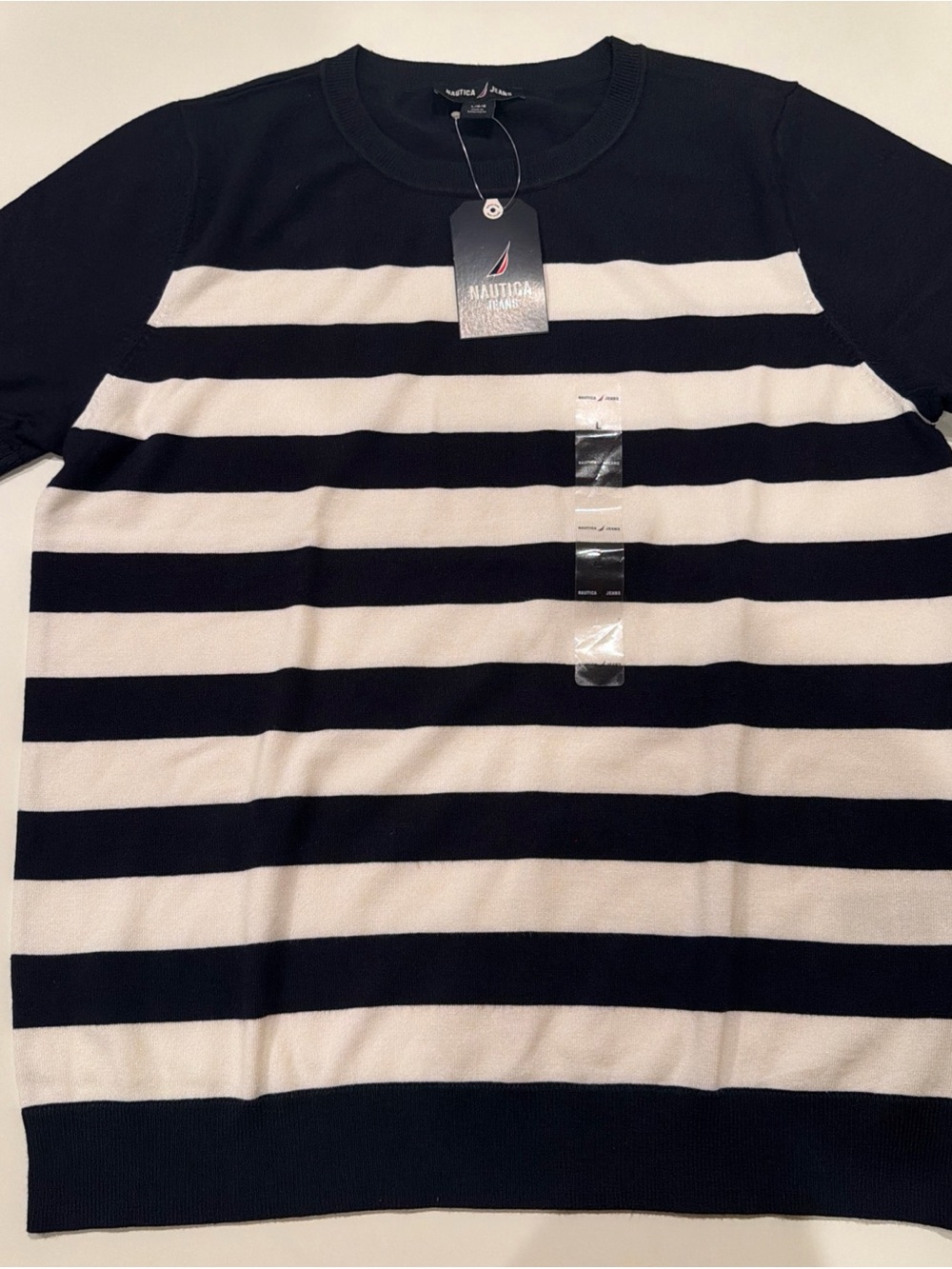 Nautica Women’s Black & White Striped Crewneck Sweater